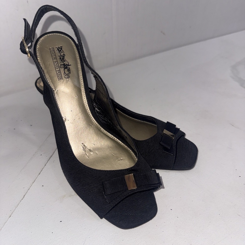 Coach & Four Black Classic Square Slingback Bow Minimalist Career Kitten Heels 9